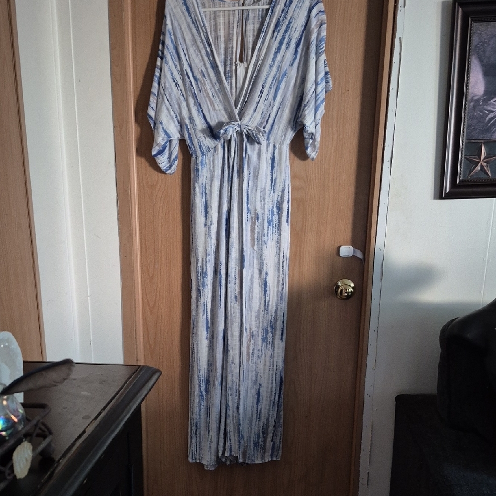 The Room Blue and White Tie Front Maxi Jumpsuit